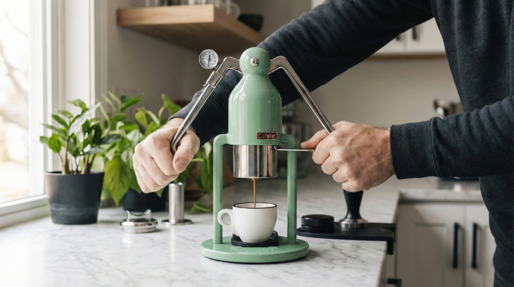 Cafelat Robotの外観。金属塊の抽出部と両腕レバーが特徴。