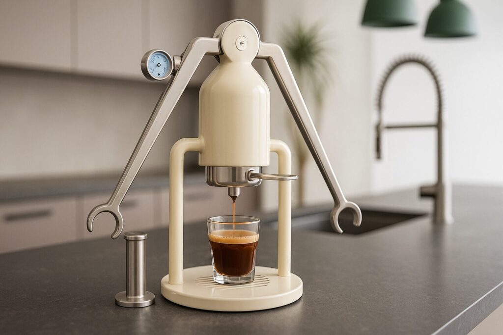 Cafelat Robotの外観。金属塊の抽出部と両腕レバーが特徴。