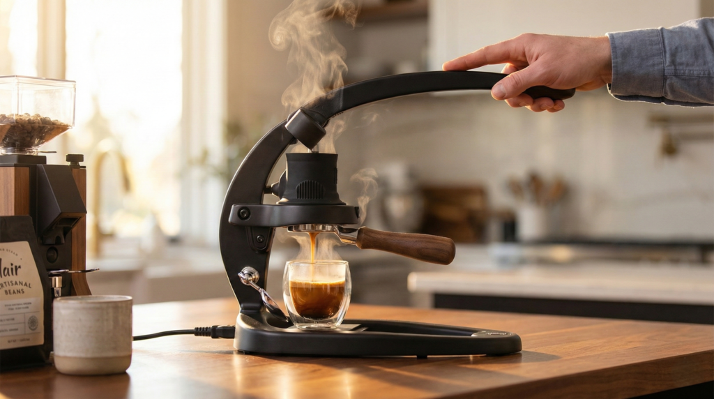 Flair 58の外観。電気予熱ヘッドと長いレバー構造が特徴。