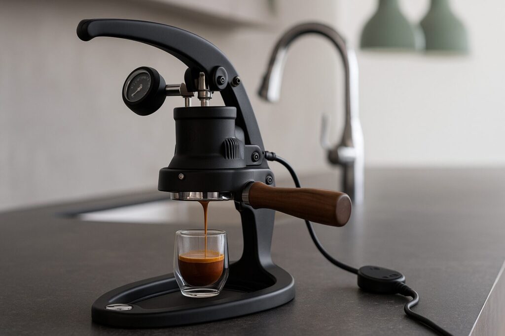 Flair 58の外観。電気予熱ヘッドと長いレバー構造が特徴。