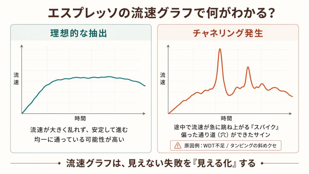 安定した流速グラフと、スパイクが出るチャネリング発生時の流速グラフを比較した図