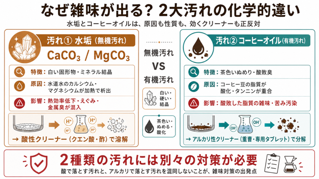 コーヒー器具の水垢（無機汚れ・カルシウム結晶）とコーヒーオイル（有機汚れ・脂質酸化）の化学的違いと対策クリーナーを比較した図