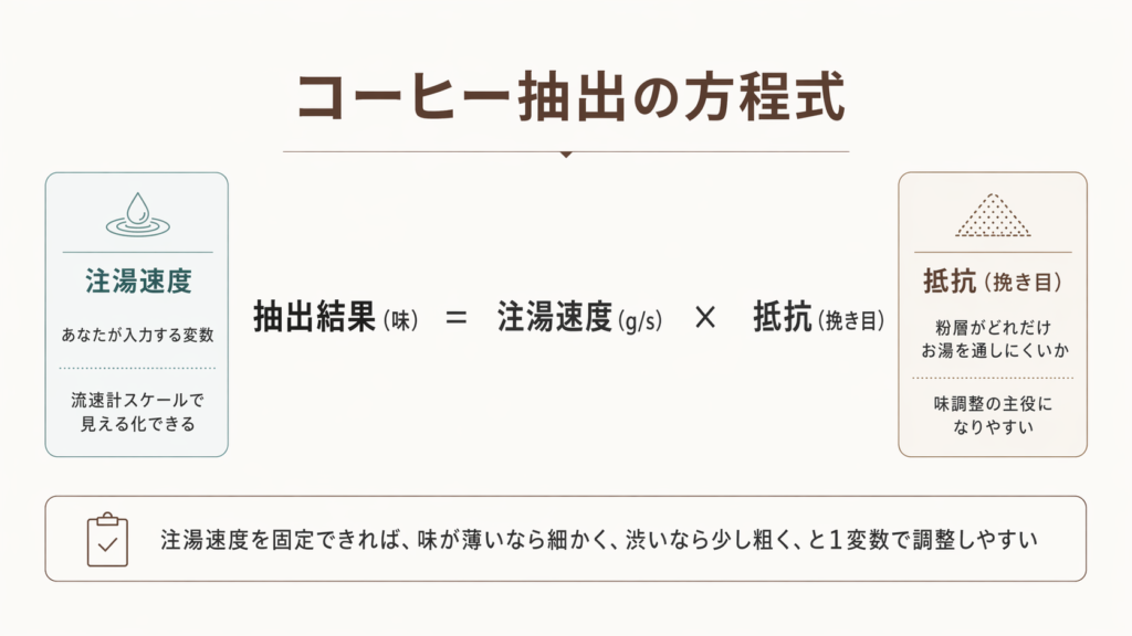 抽出結果は注湯速度と挽き目による抵抗の掛け合わせで考えられることを示した図