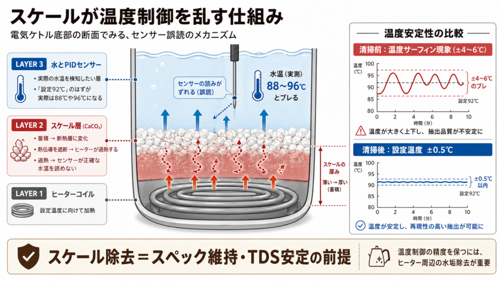電気ケトルのヒーター表面に蓄積したスケールが熱の伝達を妨げてPIDセンサーが誤作動する温度サーフィン現象の仕組み図