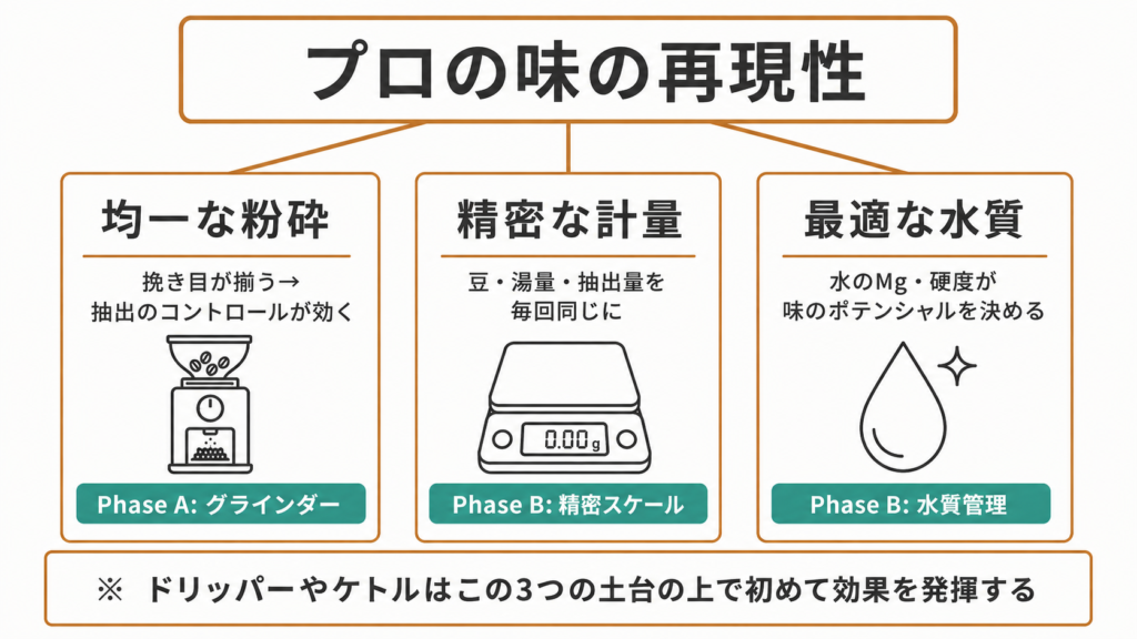 家庭コーヒーでプロの再現性を実現する均一粉砕・精密計量・最適水質の3大要素を示した図