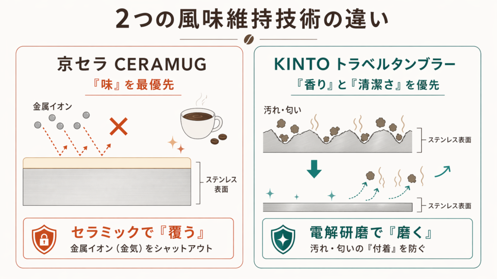 京セラのセラミック加工とKINTOの電解研磨について、風味維持の仕組みの違いを比較した図