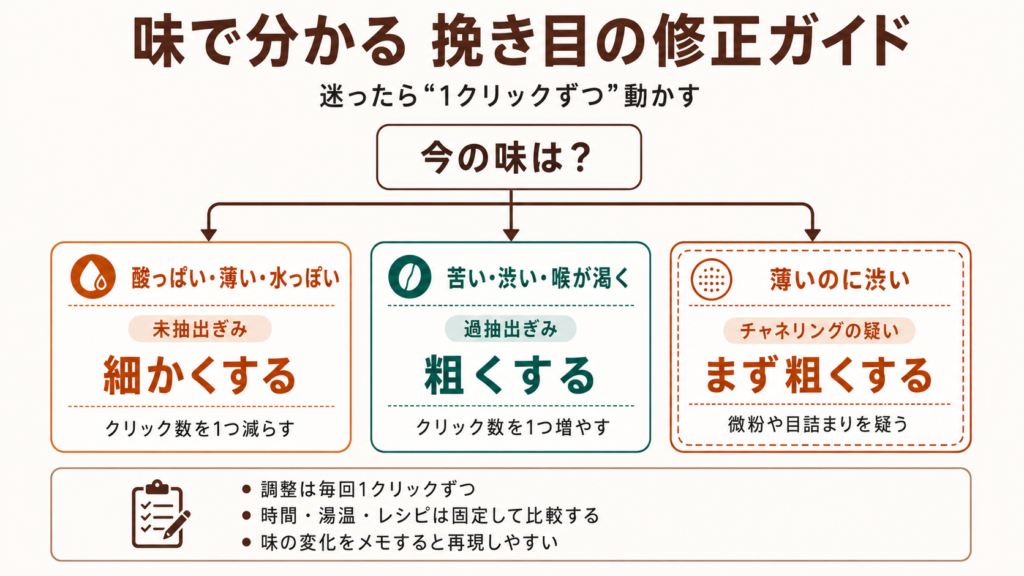 酸っぱい・薄いなら細かく、苦い・渋いなら粗く、薄いのに渋い場合はチャネリングを疑って粗くするという挽き目調整の診断フローチャート