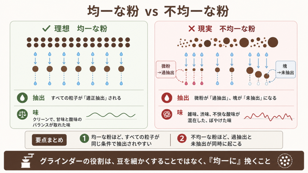 均一な粉ではすべての粒子が適正抽出される一方、不均一な粉では微粉が過抽出、粗い粉が未抽出となり、味が濁ることを比較した図