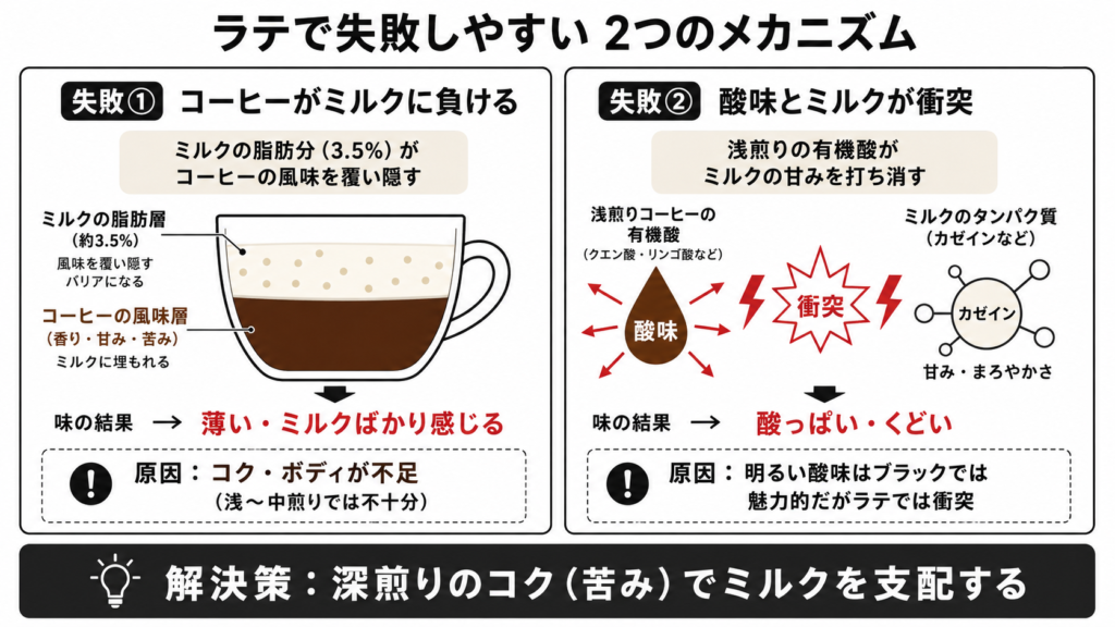 家ラテがコーヒーの風味がミルクに負けて薄い問題と酸味がミルクと衝突して酸っぱい問題の2大失敗メカニズム図