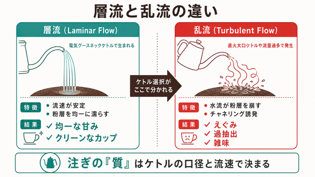 電気グースネックケトルが生む均一な層流と直火大口ケトルで発生する乱流を比較し、層流がコーヒー抽出品質に優れる理由を示した図