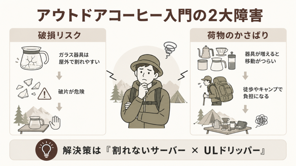 アウトドアコーヒー初心者が直面しやすい破損リスクと荷物のかさばりという2つの問題を示した図