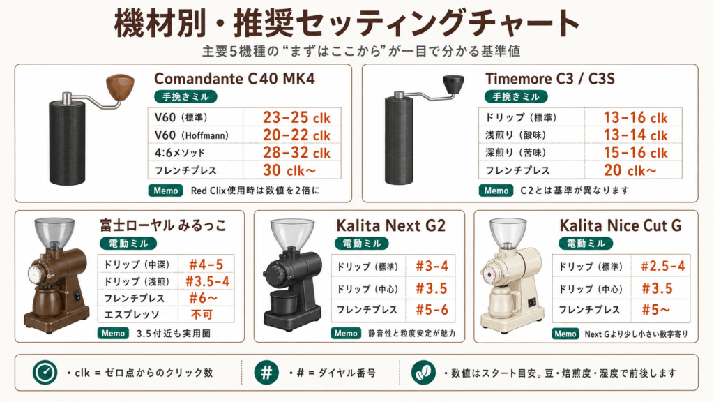 Comandante C40、Timemore C3/C3S、みるっこ、Kalita Next G2、Kalita Nice Cut Gの推奨挽き目設定を、クリック数やダイヤル番号で比較したカード型インフォグラフィック