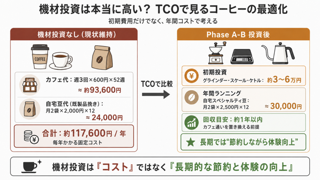 カフェ通いと自宅機材投資の年間コストを比較し、グラインダー投資がTCO削減につながることを示した図
