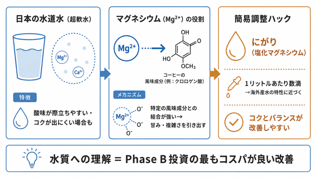 日本の軟水とマグネシウムイオンの役割、にがりハックによる水質調整がコーヒーの味に与える影響を示した図