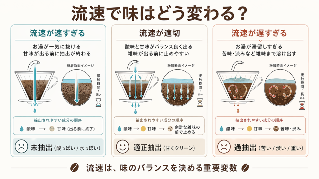 流速が速すぎると未抽出、適切なら甘くクリーン、遅すぎると過抽出になることを比較した図