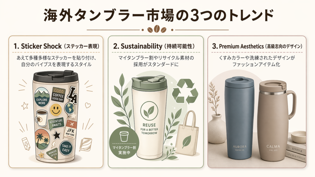 海外タンブラー市場で広がるステッカー表現、持続可能性、高級感のあるデザインの3つのトレンドをまとめた図