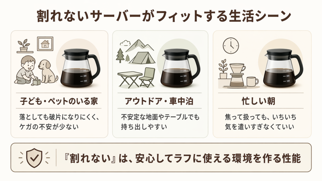 子どもやペットのいる家、アウトドア、忙しい朝で割れないサーバーが役立つ理由を整理した図