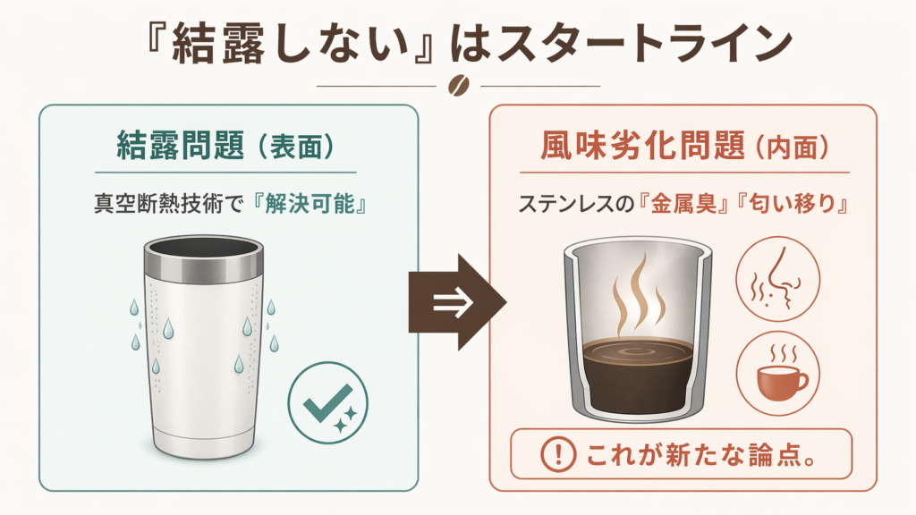 タンブラー選びでは結露対策の次に、金属臭や匂い移りなど風味劣化対策が重要になることを示した図