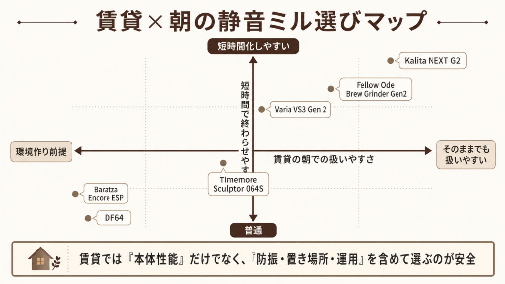 Kalita NEXT G2、Fellow Ode Gen2、Varia VS3 Gen 2、Timemore Sculptor 064S、Baratza Encore ESP、DF64を、賃貸の朝での扱いやすさと短時間で終わらせやすさの2軸で整理したポジションマップ