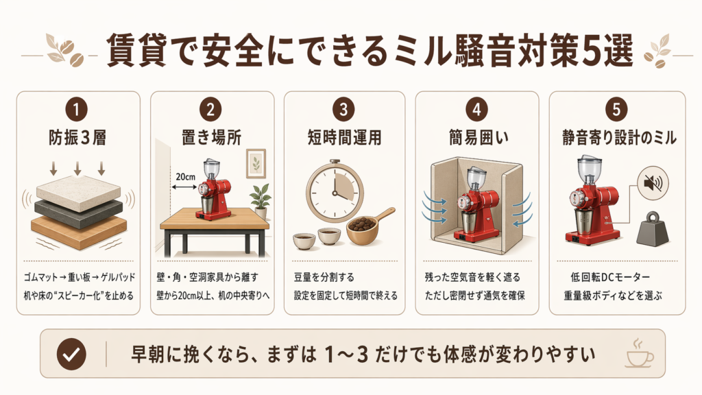 防振3層、置き場所の見直し、短時間運用、簡易囲い、静音寄り設計のミルという、賃貸で安全に実践しやすいミル騒音対策5つを整理した図