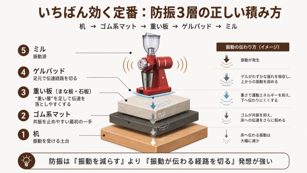 机や床の上にゴム系マット、重い板、ゲルパッドを重ね、その上にミルを置く防振3層の構成と、振動の伝達経路を切る考え方を示した図