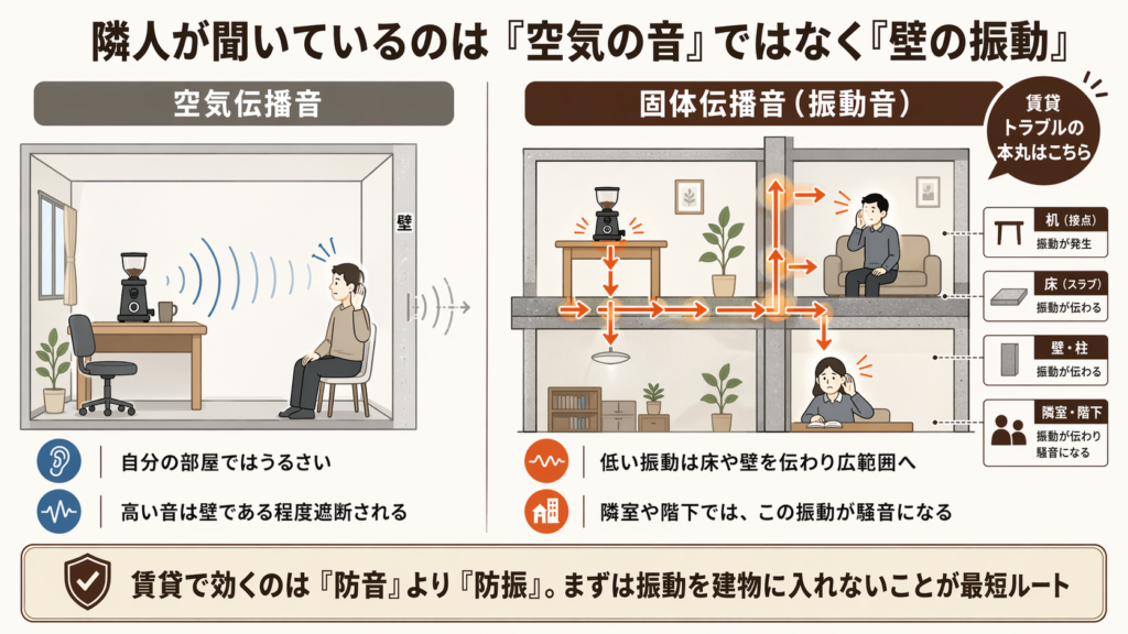ミルの騒音には空気中を伝わる音と、机や床や壁を伝わる固体伝播音があり、賃貸では後者の振動音が隣室や階下へ伝わりやすいことを示した図