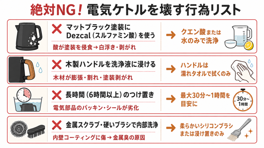 マットブラック塗装へのDezcal使用・木製ハンドルの浸け置き・長時間つけ置きなど電気ケトルを傷める絶対NG行為を整理した警告図