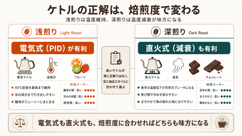 浅煎りでは電気式ケトルの温度維持が有利で、深煎りでは直火式ケトルの温度減衰が有利に働くことを比較した図