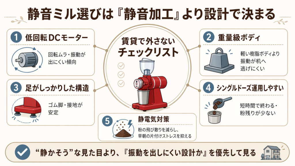静音ミルを選ぶ際に、低回転DCモーター、重量級ボディ、安定した脚構造、シングルドーズ運用、静電気対策などの設計条件を確認するべきことを示した図