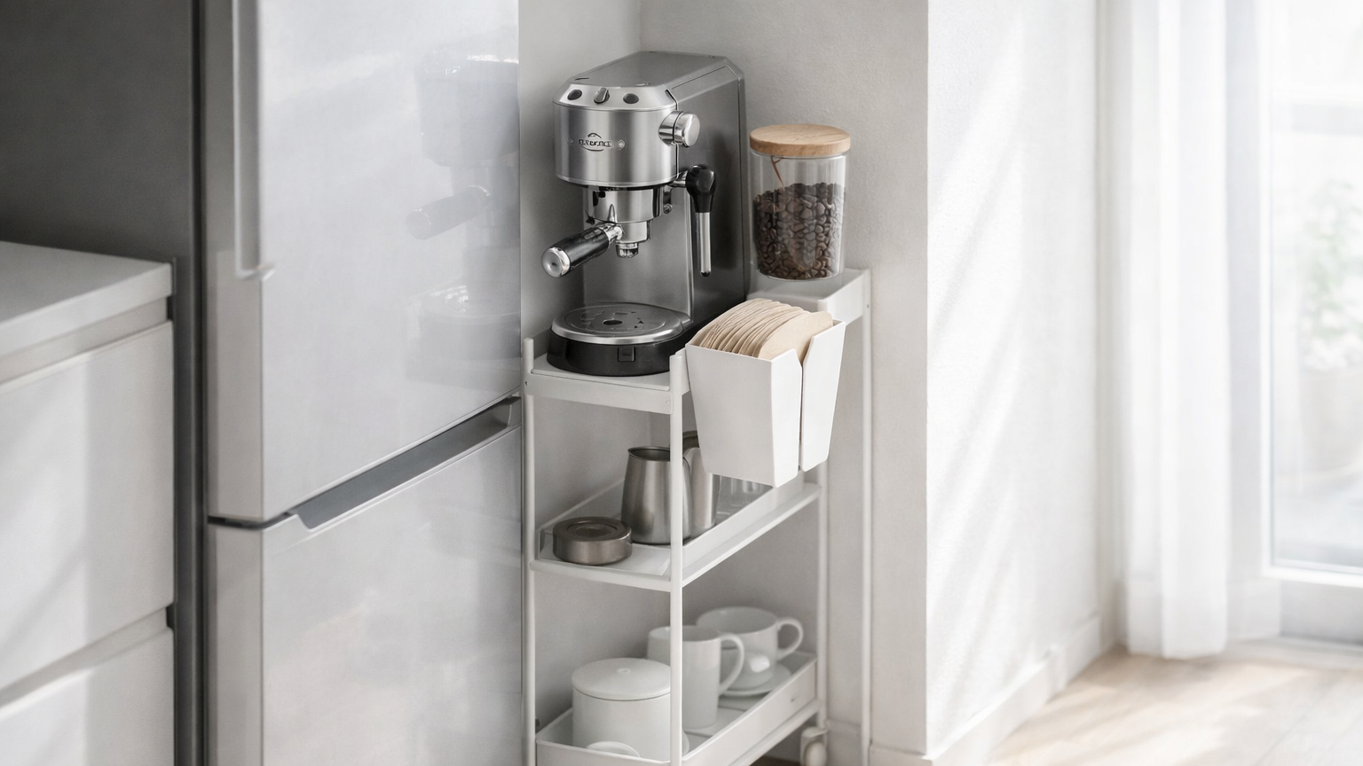 Good配置：手元ワゴンに置いてタンク着脱がしやすいコーヒーメーカーの例