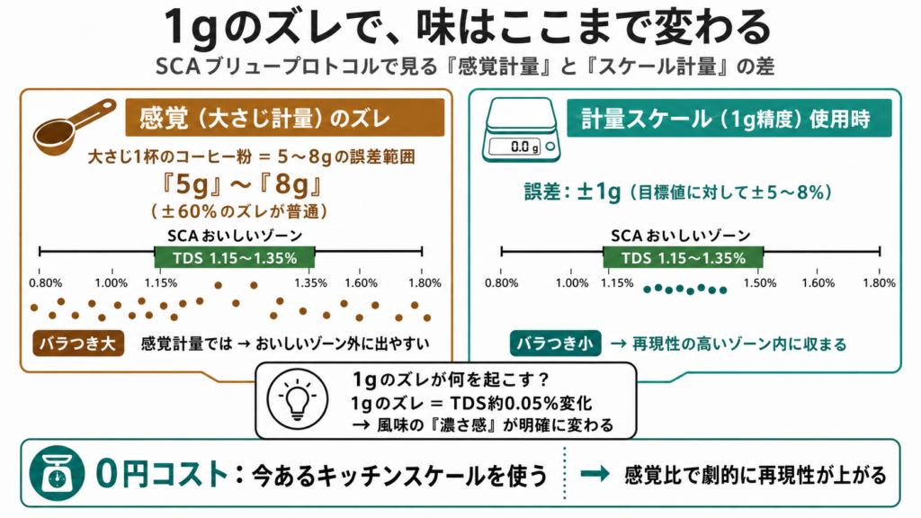 感覚の大さじ計量のズレとキッチンスケール計測の精度差がSCAブリュープロトコルのTDS目標ゾーンへの到達率に与える影響図