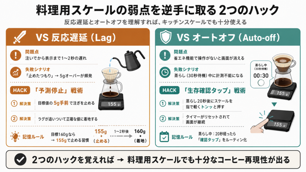キッチンスケールのラグ問題を5g手前の予測停止で解決しオートオフ問題を生存確認タップで攻略する2大弱点ハックカード図