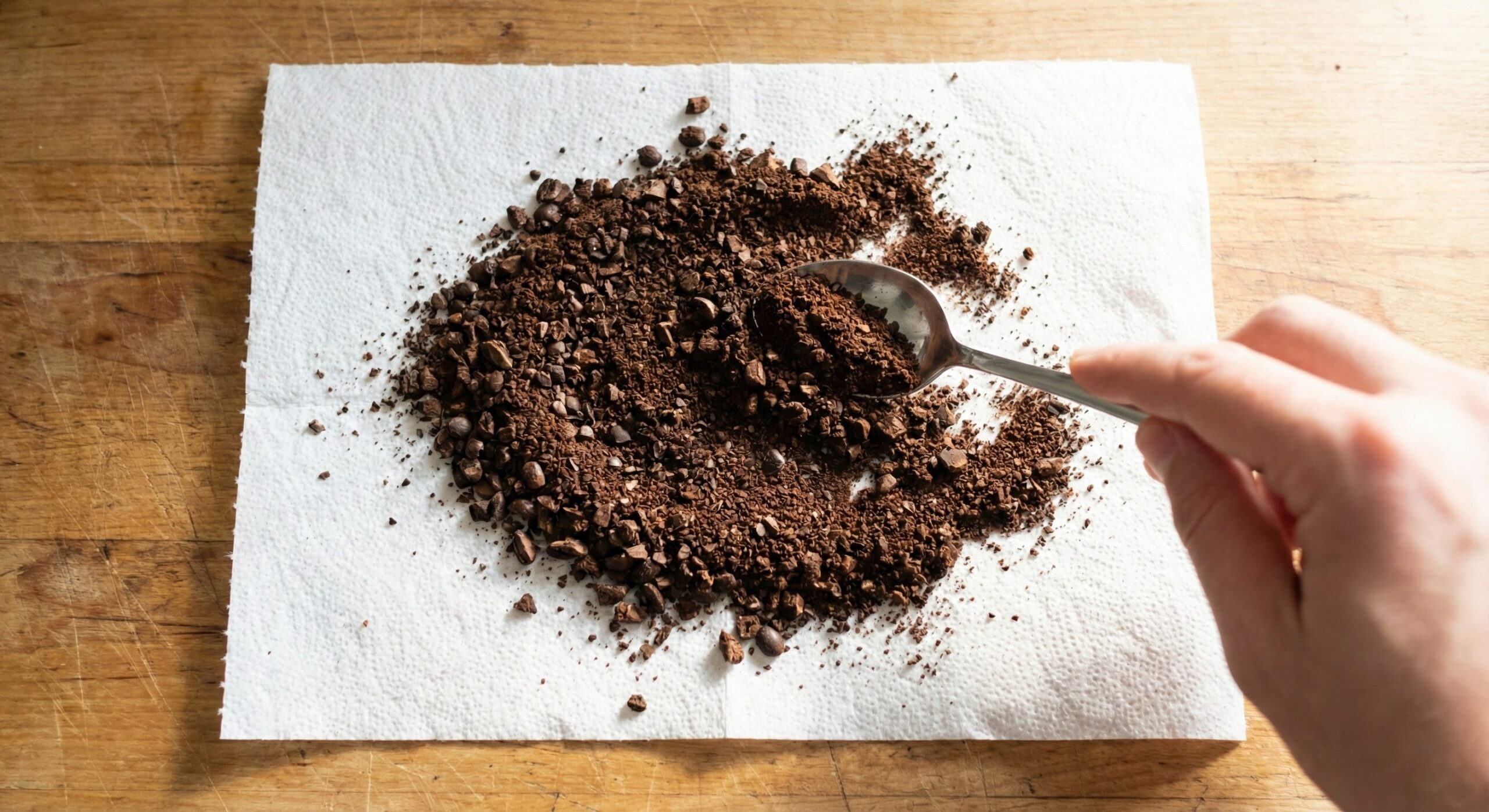 キッチンペーパーの上に挽いた粉を広げている様子