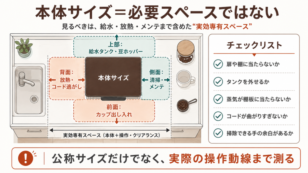 コーヒーメーカーの設置には本体サイズだけでなく、給水、放熱、カップ出し入れ、清掃のための余白を含めた実効専有スペースが必要であることを示す図