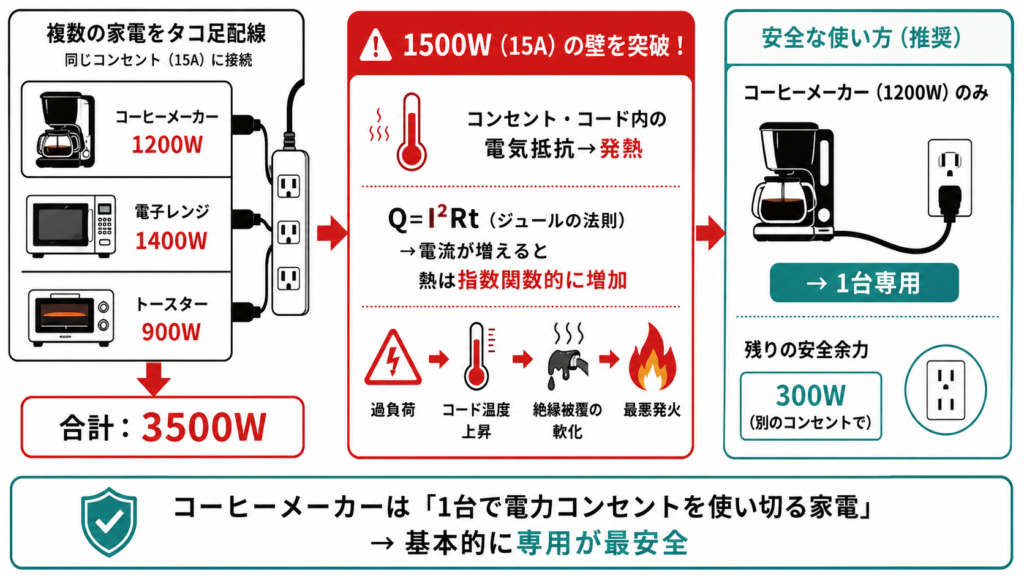 コーヒーメーカーをタコ足配線で使うと1500W上限を超えて発熱から発火リスクが高まるジュール発熱メカニズム図