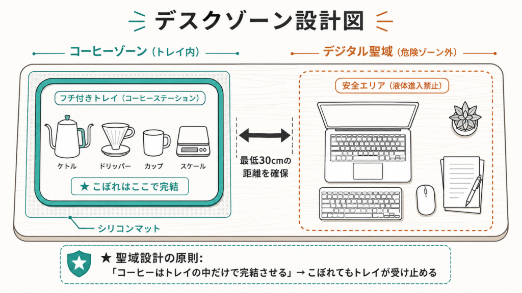 在宅ワークデスクをコーヒーゾーン（トレイ内）とデジタル機器聖域に分離してこぼれリスクを構造的に解消するトレイセオリーゾーニング図