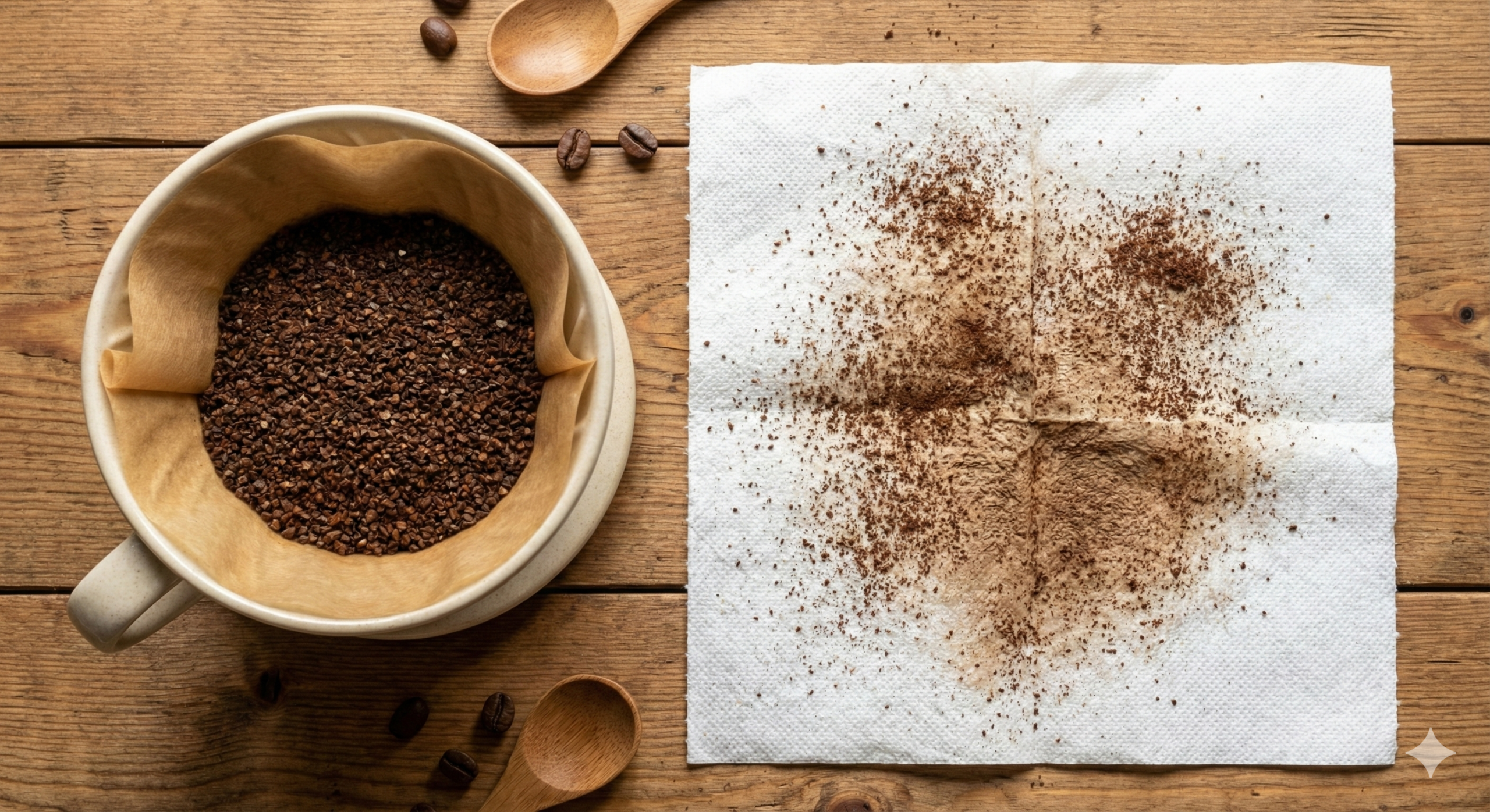 ドリッパーに移した粉とペーパーに残った茶色の微粉