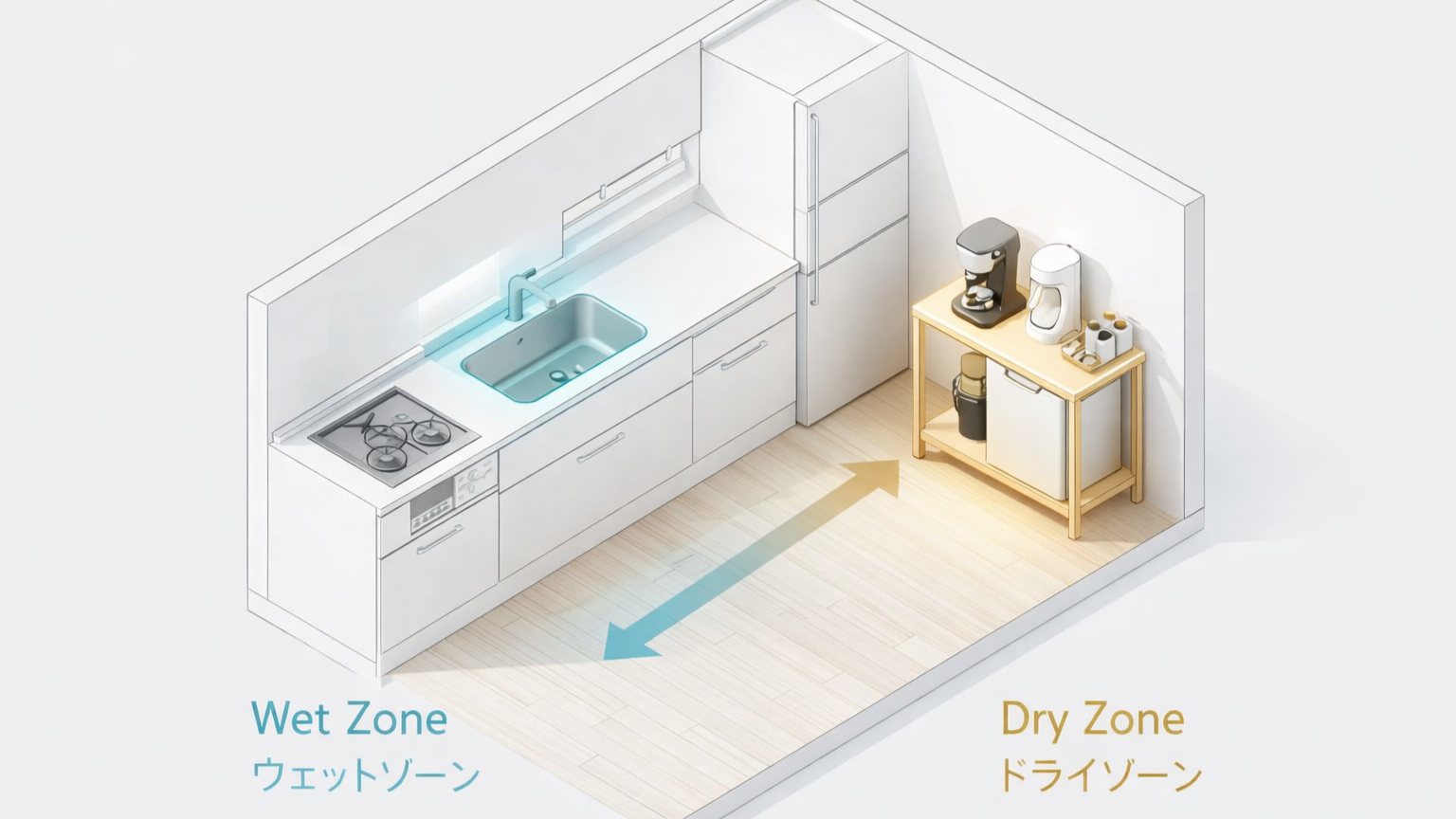 ハイブリッド・ゾーニングの設計図：Wet Zone（シンク）とDry Zone（ワゴン）を1歩でつなぐ配置