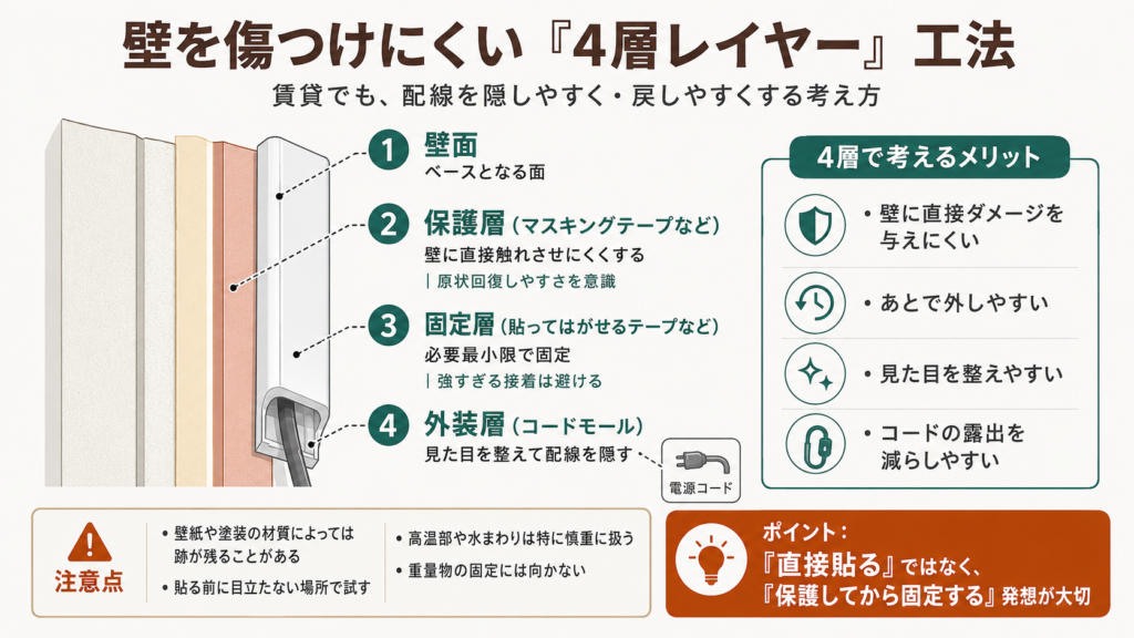 賃貸の壁を傷つけにくく配線を整理するために、壁面、保護層、固定層、外装層の4つで考える「4層レイヤー」工法を示したインフォグラフィック