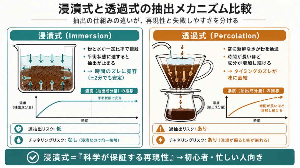 浸漬式コーヒーが平衡状態で過抽出を防ぎ時間に寛容である理由と透過式のタイミング依存性を比較した抽出メカニズム図