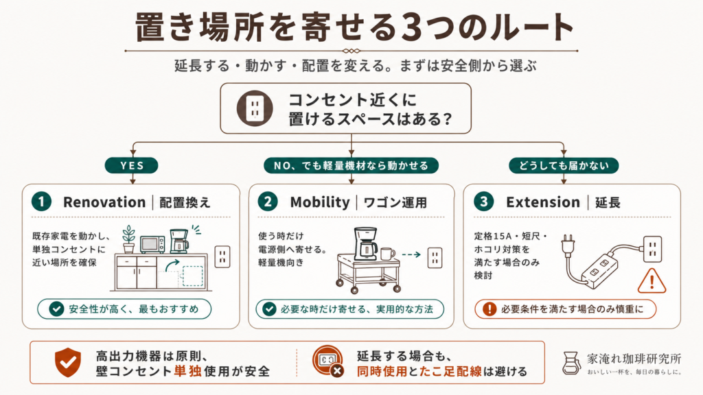 賃貸キッチンでコーヒーメーカーの置き場所を作る方法を、配置換え、ワゴン運用、延長コード運用の3ルートに分けて整理した選択フロー図