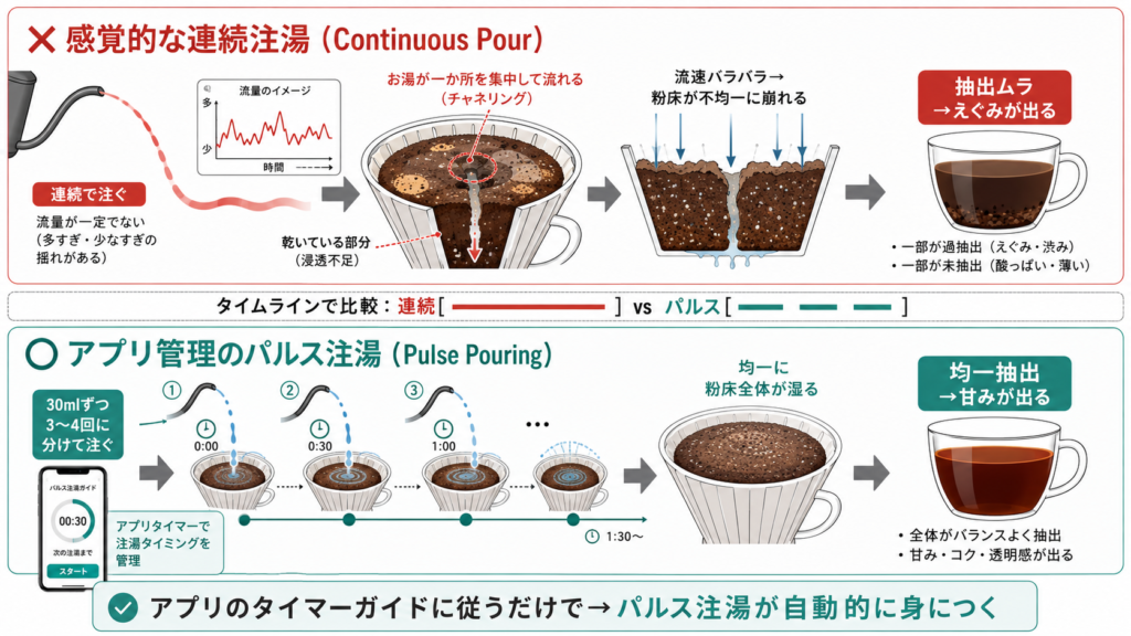 感覚的な連続注湯とアプリで管理する30ml単位パルスポアリングの抽出パターン差と甘みへの影響を比較したフロー図