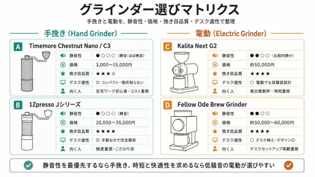 在宅ワーク向け静音グラインダーとしてTimemoreChestnut・1Zpresso・Kalita Next G2・Fellow Odeの騒音レベル・価格・デスク適性を比較した選定マトリクス図