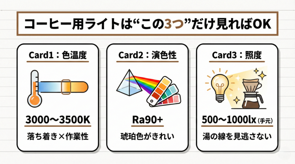 照明選びの“正解条件”を、買い物のチェック項目として固定する。