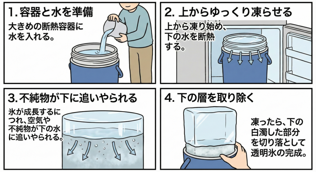 4コマ漫画形式で手順を図解。「不純物が下に追いやられる」メカニズムを図示。