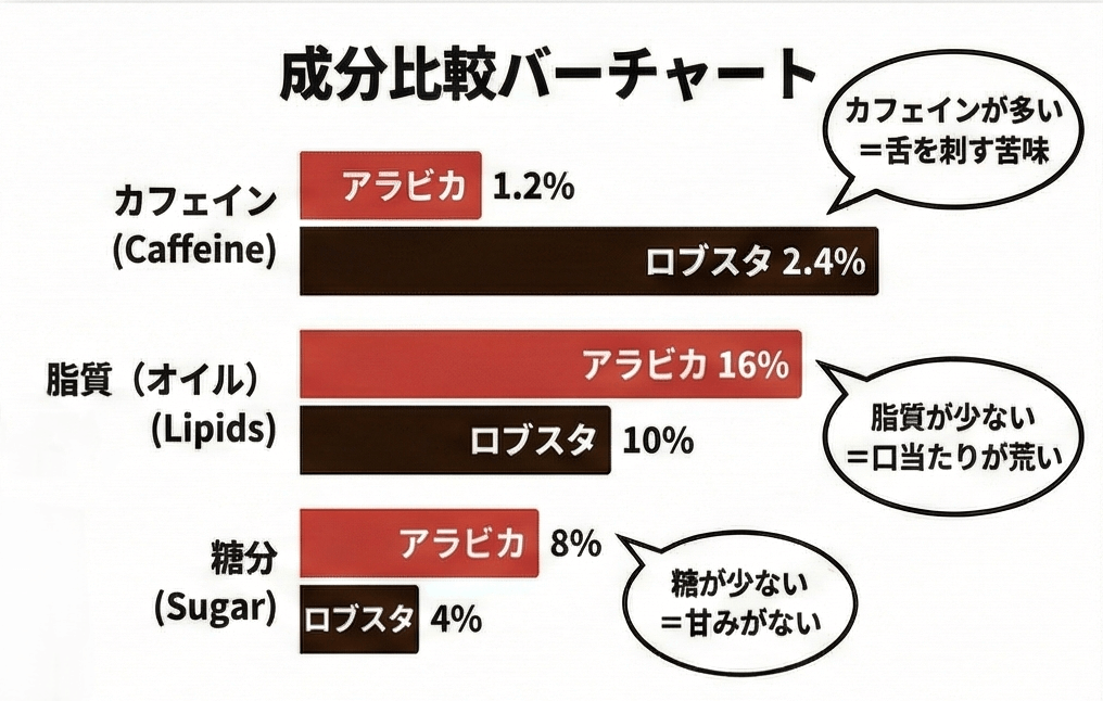 成分比較バーチャート
カフェイン：アラビカ 1.2% vs ロブスタ 2.4% (ロブスタが突出)
脂質（オイル）：アラビカ 16% vs ロブスタ 10% (アラビカが多い)
糖分：アラビカ 8% vs ロブスタ 4% (アラビカが多い)

注釈: 「脂質が少ない＝口当たりが荒い」「糖が少ない＝甘みがない」「カフェインが多い＝舌を刺す苦味」という吹き出しを添える。