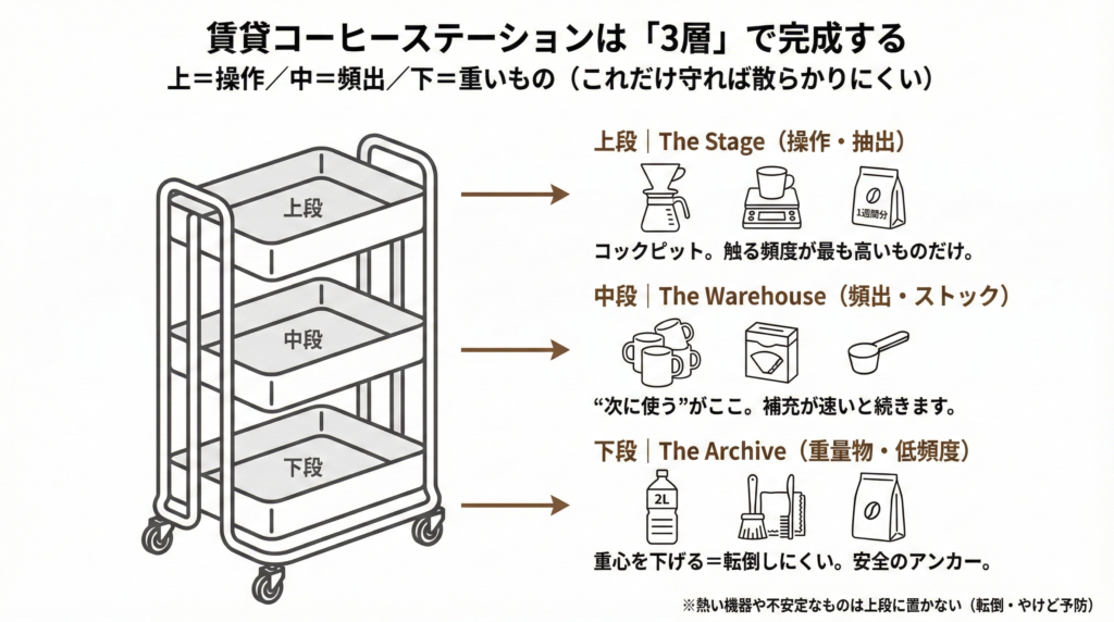 賃貸コーヒーステーションは「3層」で完成する
「上=操作、真ん中=頻出、下=重いもの」を直感で固定し、片付け・安全・動線が一気に整う。