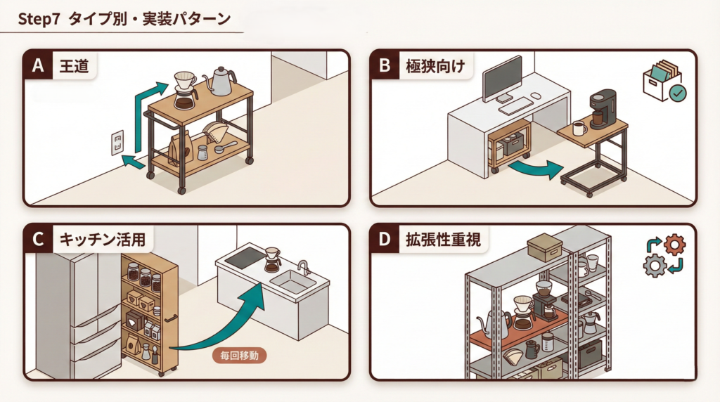 コーヒー基地の「タイプ別・実装パターン」4象限比較(A〜D)
A(左上):ワゴン独立型(王道)
B(右上):デスク下ステルス型(極狭向け)
C(左下):隙間特化型(キッチン活用)
D(右下):ユニット棚インフラ型(拡張性重視)