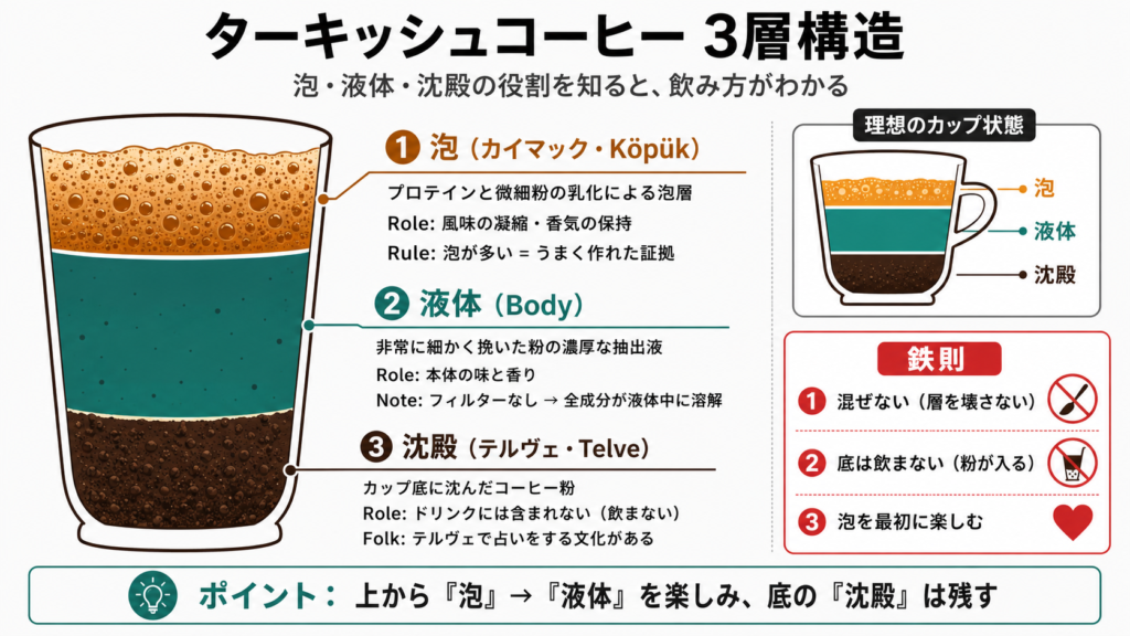 トルコ式コーヒーのカップ内の泡カイマック・液体ボディ・沈殿テルヴェの3層構造と混ぜない底は飲まないという作法を示した断面図