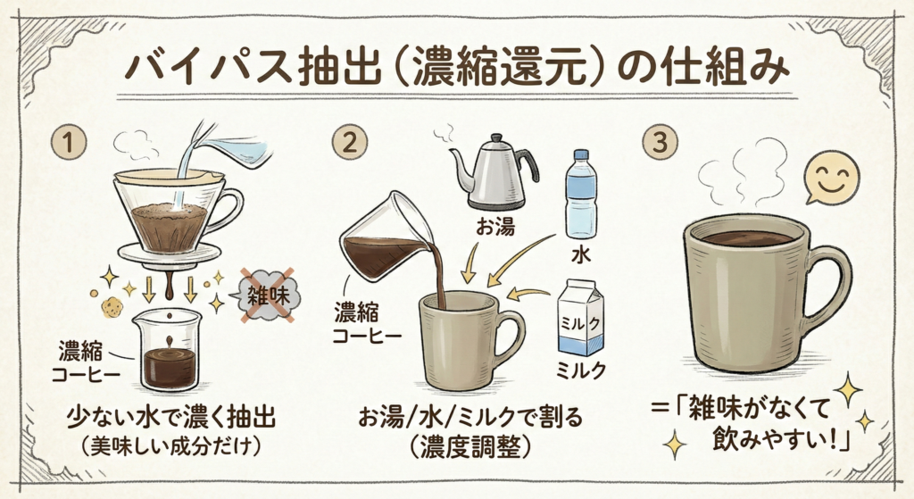 1. 少ない水で濃く抽出（美味しい成分だけ）
2. お湯/水/ミルクで割る（濃度調整）
＝「雑味がなくて飲みやすい！」